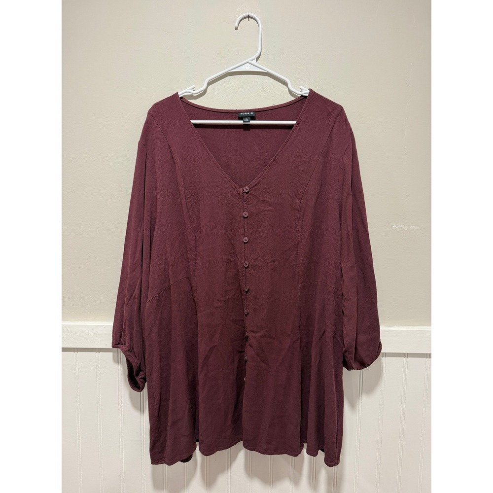 Torrid 3/4 Sleeve Blouse Button Burgundy Cottagecore Women Size 2X